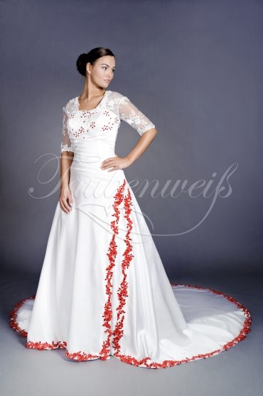 Wedding dress TW0113B - Wedding dress TW0113B A-line satin kace red lace beadings sleeves covered back 1