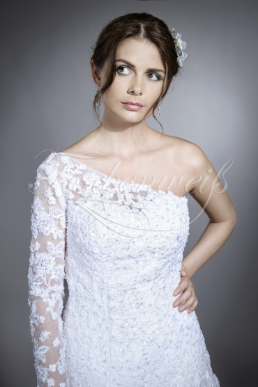 Wedding dress TW0198B - Wedding dress TW0198B A-line organza tulle lace beadings one sleeve detachable train 2