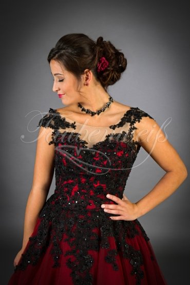 Wedding dress TW0052B - Wedding dress TW0052B red and black lace appliques beadings train lace-up back 2