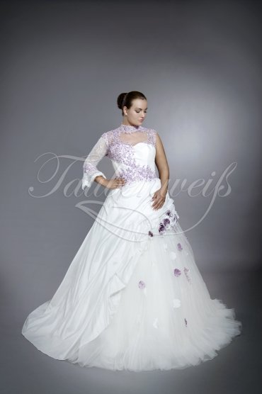 Wedding dress TW0064B - Wedding dress TW0064B high collar purple flowers lace one sleeve taffeta tulle train