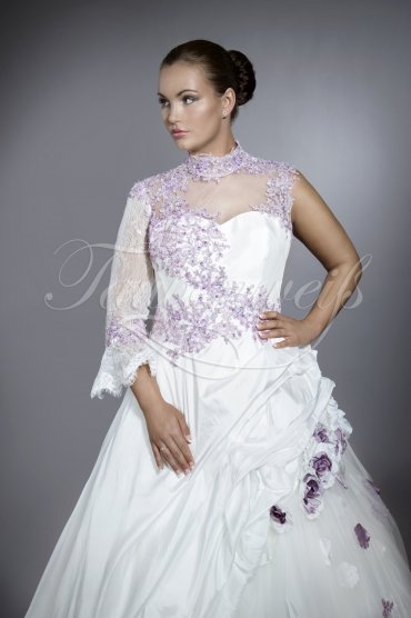 Wedding dress TW0064B - Wedding dress TW0064B high collar purple flowers lace one sleeve taffeta tulle train 2