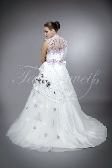 Wedding dress TW0064B - Wedding dress TW0064B high collar purple flowers lace one sleeve taffeta tulle train 3