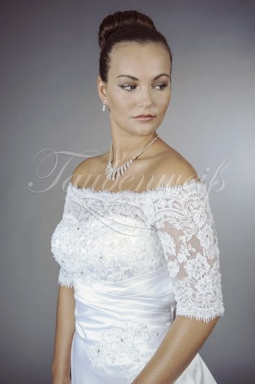 Wedding dress TW0123B - Wedding dress TW0123B satin A-line lace appliques beadings 3/4 sleeves Carmen off-shoulder train 2