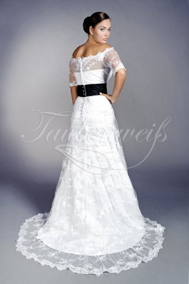Wedding dress TW0148B - Wedding dress TW0148B lace black waist band 3/4 sleeves bateau neck train 3