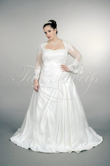 Wedding dress TW0166B - Wedding dress TW0166B A-line plus size XXL satin lace trumpet sleeves pleats train covered back 1