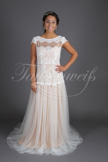 Wedding dress TW0195B - Wedding dress TW0195B Boho ivory nude soft lace stretch blush cap sleeves zipper train 2