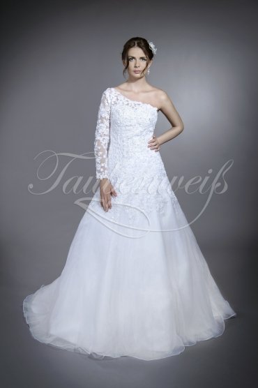 Wedding dress TW0198B - Wedding dress TW0198B A-line organza tulle lace beadings one sleeve detachable train