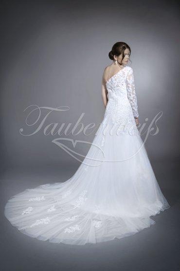 Wedding dress TW0198B - Wedding dress TW0198B A-line organza tulle lace beadings one sleeve detachable train 3